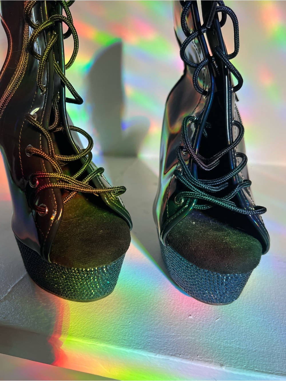 Pleaser Holographic Black Platform Rhinestone Lace-Up Boots sz 12 read post - Picture 4 of 16